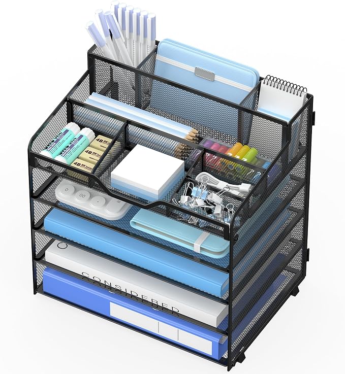 5 Tier Mesh Paper Desk Organizer with Pen Holders, Black | Features 3 pen holders, and 5 adjustable compartments for office school home desk storage