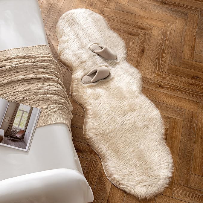 MIULEE Luxury Super Soft Fluffy Area Rug Faux Fur Sheepskin Rug Decorative Plush Shaggy Carpet for Bedside Sofa Floor 2 x 6 Feet, Beige
