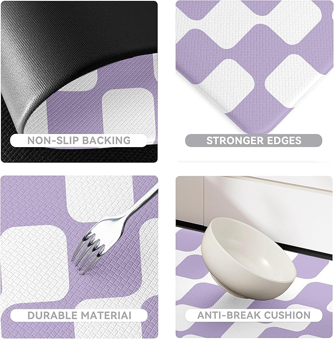 Modern Purple Retro Curvy Checkered Grid Checkerboard Kitchen Rug Sets [2 PCs], Anti-Fatigue, Waterproof Non-Slip Kitchen Mats Heavy Duty Comfort Foam Rug for Floor, Home, Laundry,17"x29"+17"x47"
