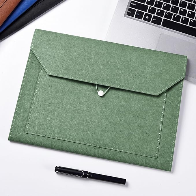 PU Leather A4 File Folder Document Holder 2 Pockets Portfolio Envelope Folder Case with Elastic String 3/4 Inch Expansion (Green)