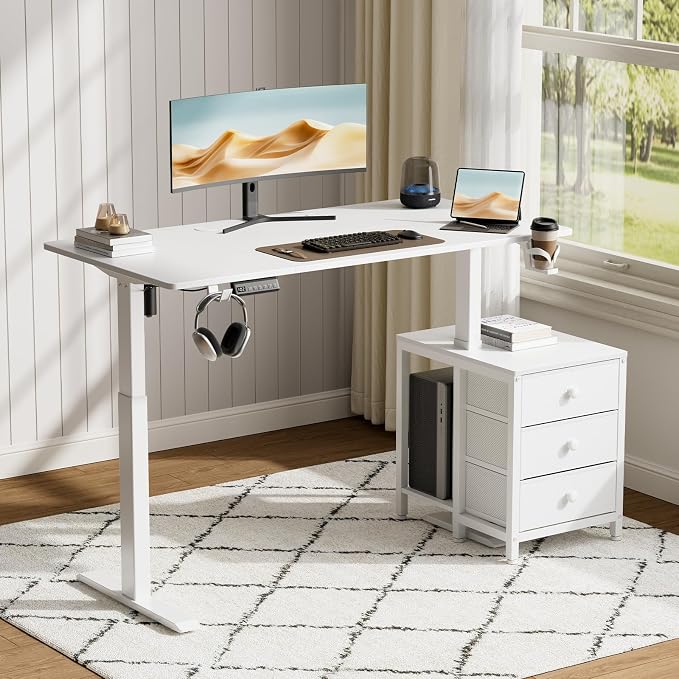REAHOME 55 Inch White Electric Height Adjustable Standing Desk with Drawers | Dual Motor Sit-Stand Frame With 3 Memory Presets, Printer Cabinet, Hooks & Cable Management For Home Office Gaming Desk