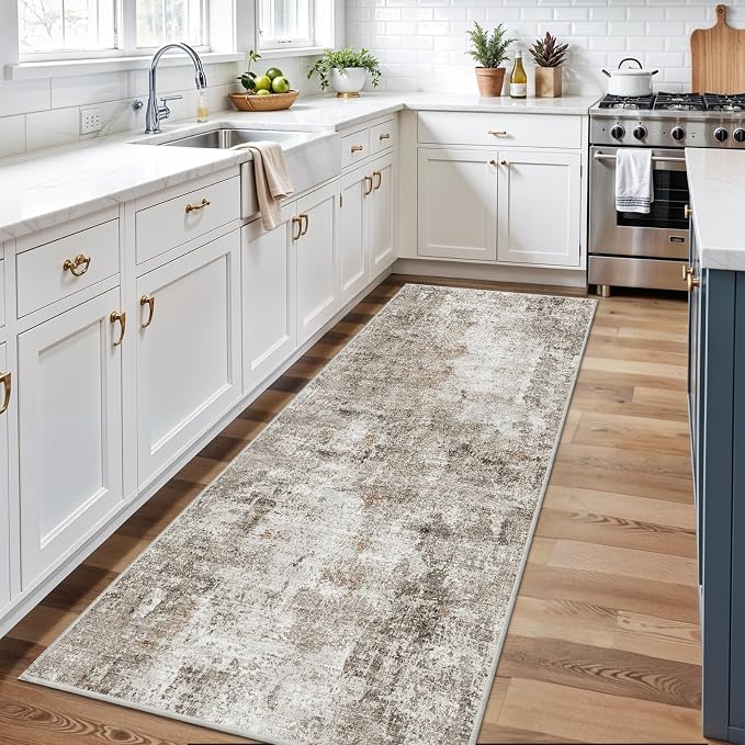 Washable Non Slip Runner Rug 3x8 – Hallway Runner Rug & Kitchen Carpet Runner – Modern Abstract Neutral Low Pile Area Rug for Entryway Bathroom Bedroom (Beige Grey)