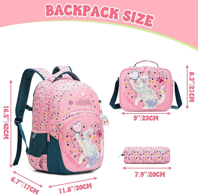 Backpack for Girls,Kids Backpack for Girls with Lunch Box Pencil Case Set Cute Cat Kids Schoolbag for Girl,Lightweight Travel Daypack Birthday Christmas for Girl Back to School Supplies