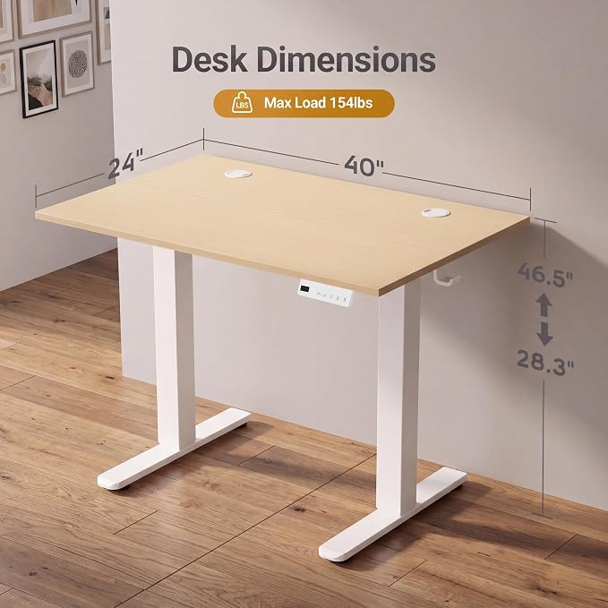 Claiks Electric Standing Desk, 40x24 Inch, Nature | Adjustable height for sit-stand, 156lbs capacity, scratch-resistant surface, 3 memory presets, cable management & hook.