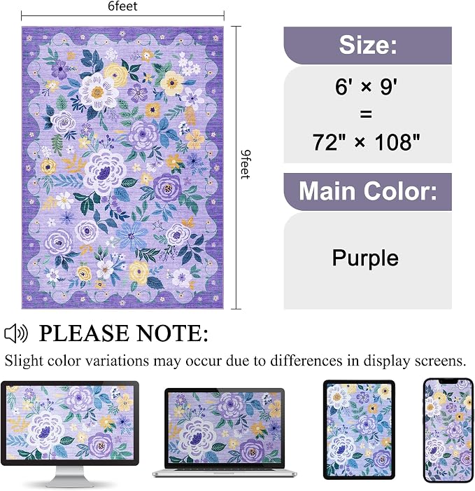 DUKINO 6x9 Area Rug, Floral Rugs for Living Room, Lightweight Non Slip Washable Rug, Indoor Low Pile & Non-Shedding Boho Design Rugs for Bedroom, Living Room, Dining Room, Purple