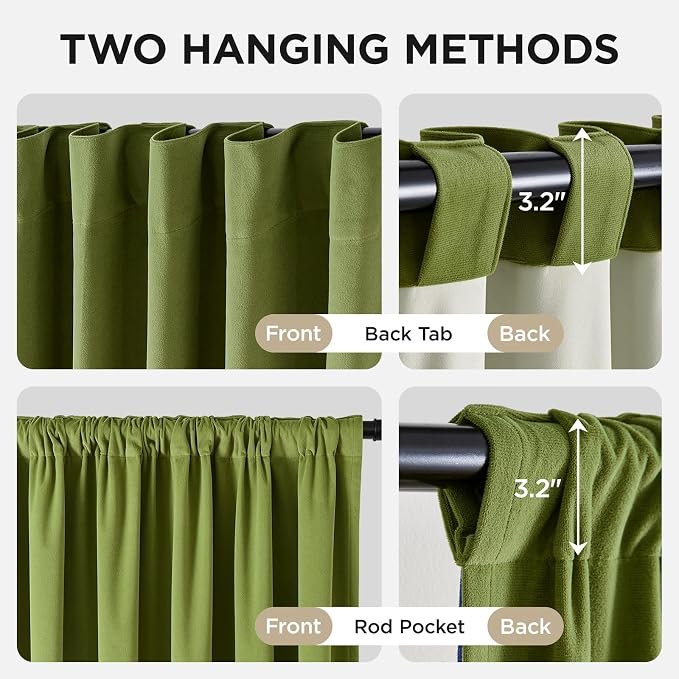 Joydeco Moss Green 100% Blackout Curtains 108 Inch 2 Panels, Luxury Thermal Green Velvet Curtains for Bedroom Living Room, Soundproof Blackout Window Drapes, Rod Pocket & Back Tab (52W x 108L)
