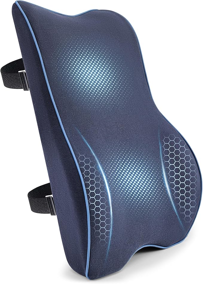 Plush Comfortable Memory Foam Lumbar Support Pillow - Soft Back Cushion for Office Chair, Car Seat, Gaming Chair - Ergonomic Lower Back Pain Relief with Adjustable Straps & Washable Cover-Navy Blue