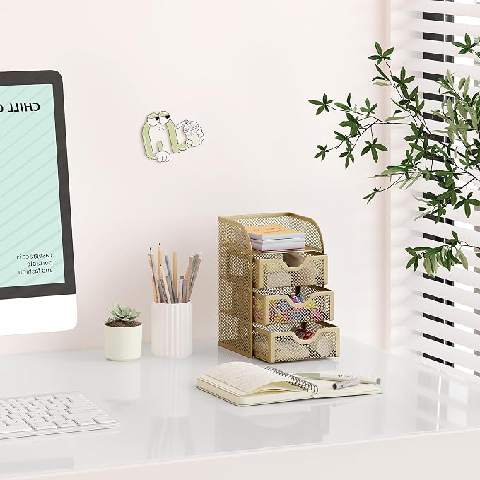 EasyPAG Mesh Desk Organizer with 3 Drawer Office Desktop Organizers and Accessories Stationery Caddy for Office, Home, Students, Gold