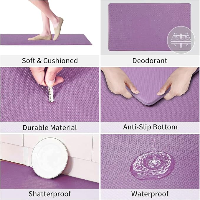 Kitchen Mats and Rugs Set of 2 - Cushioned Anti-Fatigue Kitchen Rug for Floor Washable 17"x29" +17"x59", Lightpurple
