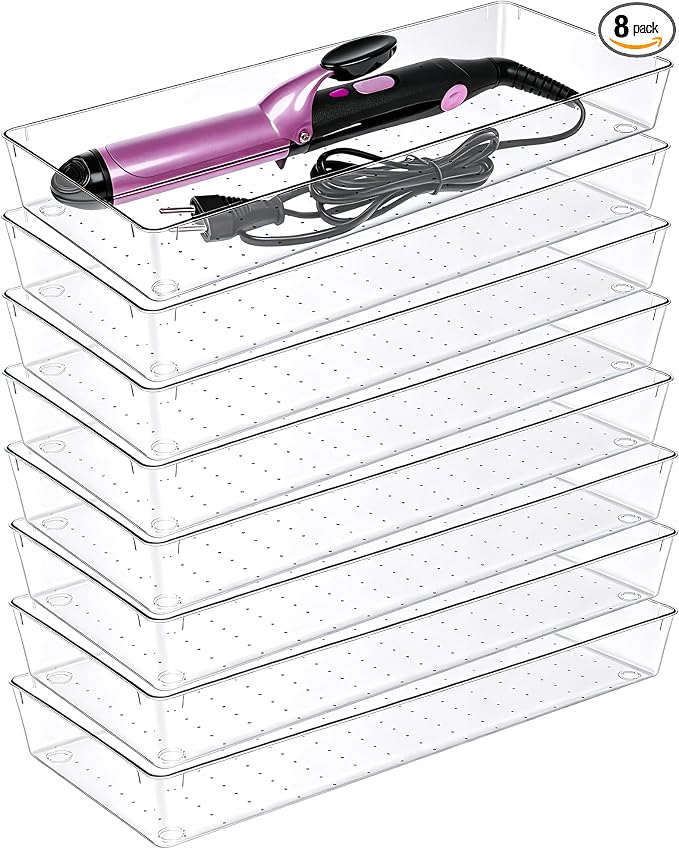 Manalete 8 Pcs Large Clear Plastic Drawer Organizer,15"x6" Vanity Organizer | Durable Clear PET Storage Bins Tray for Desk, Makeup, Kitchen & Bathroom, Office, Tools, Easy Clean, Stackable, BPA-Free