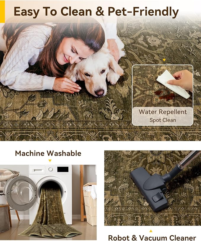 RELEANY Area Rugs Runner 2'x10' Washable Non-Slip, Floral Vintage Distress Medallion Carpet for Kitchen Hallway Bedroom Beside Laundry Room Bathroom, Brown Dark Brown