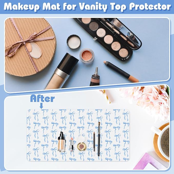 Teenyyou Coquette Bow Makeup Mat for Vanity Top Protector Back to School Gift 31.5" X15.7" Dual Side Leather Desk Mouse Pad Girly Waterproof Nonstick Dressing Vanity Cover for Women Home Office