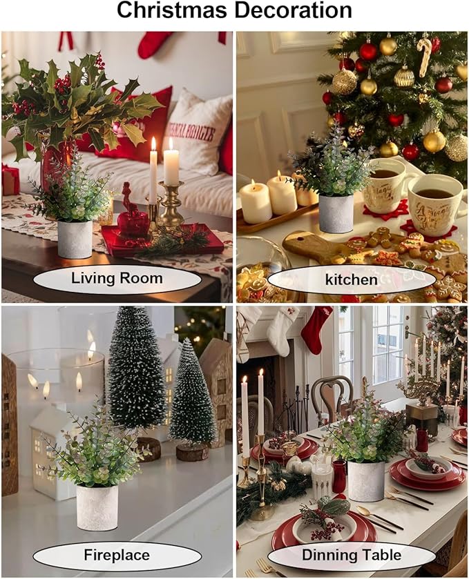 2 Pack Small Fake Plants Christmas Greenery Eucalyptus Potted Artificial Plants for Shelf Desk Home Bathroom Farmhouse Room Coffee Table Decor Christmas Decor(Purple)