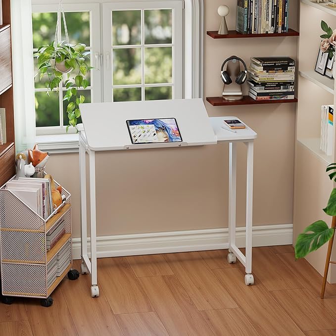 GreenForest Folding Desk with Adjustable Tiltable Desktop 0-90°, 31.5 inch Small Drafting Table with Wheels, Foldable Craft Table for Drawing, Reading, Writing, Laptop, Work, White