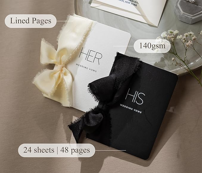 Black White His Her Slim Vow Books w/Ribbon (Set of 2) - 5.625 x 4" Minimalist Pocket Sized Modern Wedding Ceremony Vow Renewal Speech Notebook Journal