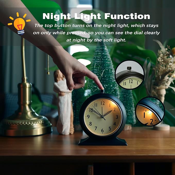 AYRELY® 5.5" Vintage Metal Alarm Clock, Desk and Table Clock for Shelf | Battery Operated Silent Analog Clock with Light for Living Room,Mantel, Bedside and Home Decor (Black)