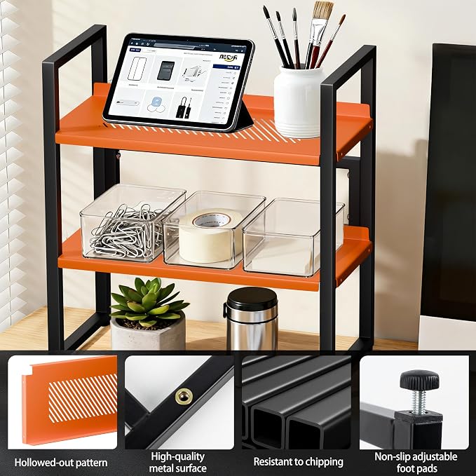 Brakki Desk Shelf Organizer, 2-Tier Desktop Bookshelf, Small Office Shelf | Adjustable Shelf, Metal Desktop Rack for Dorm, with Foot Mat, Multi-Functional Organization, Black and Orange