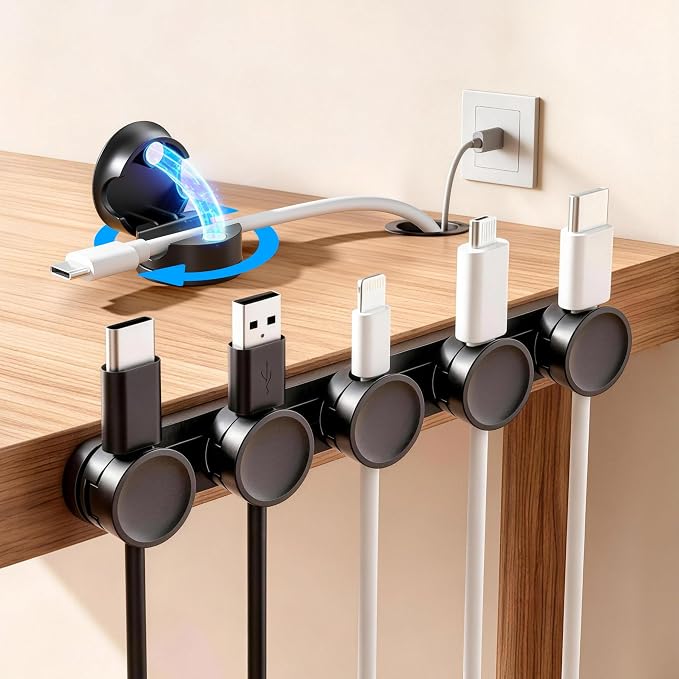 5 in 1 Magnetic Cord Organizer Set + 1 * 360°Rotating Cable Clips [ 1S Lock & Cable Smooth Adjustable] Strong Adhesive Cord Holder for Car Office Desk Cable Management, Desk Accessories for Men Women | 5 in 1 Magnetic Cord Organizer，360°Rotating Cable ...