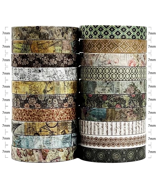 Retro Skinny Washi Tape Set 20 Rolls- Antique Patterns Masking Thin Basic Decorative Tapes for Arts, DIY Crafts, Bullet Journal, Planners, Scrapbook Decor, Gift Wrapping, Junk Journal
