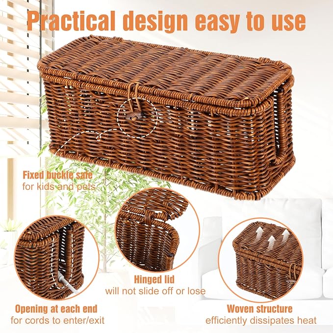 Cable Management Box Handmade Rattan Cable Organizer Stylish Hider Box with 2 Open Slots Desk Decorative Storage for Home Office Power Strips Cord Hider