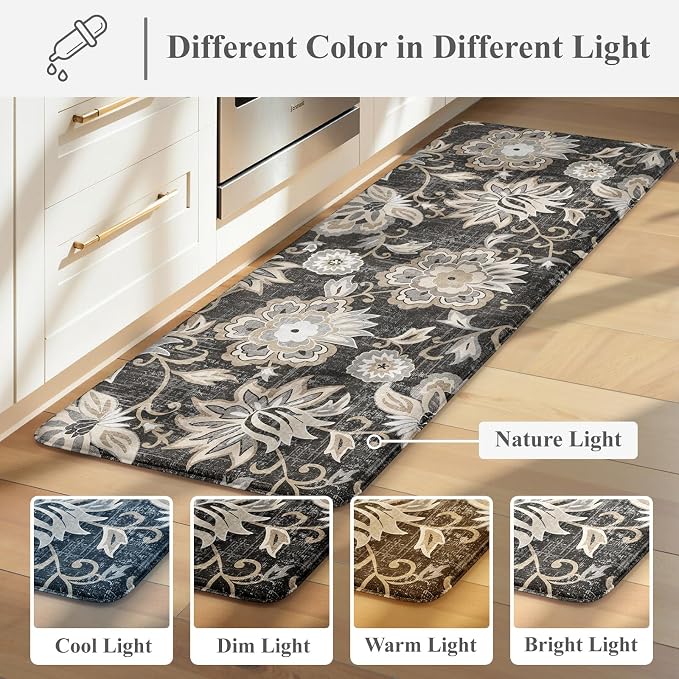 LEEVAN Anti Fatigue Kitchen Mats for Floor, Cushioned Kitchen Mat Set 2PCS | 20"x31"+20"x47", Boho Floral Black Kitchen Rugs Non-Slip Comfort, Waterproof Ergonomic Standing Mat for Laundry, Office, Sink