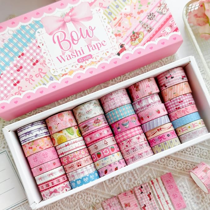 Bomichi Washi Tape Set - 42 Rolls Cute Pink Bow Decorative Tape for Bullet Journaling, Scrapbooking, Gift Wrapping, DIY, Greeting Cards, Planners, Party Supplies