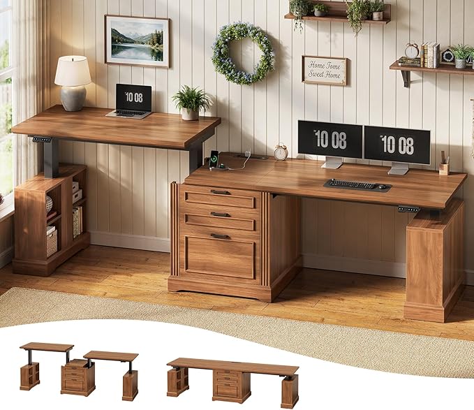 SEDETA Standing Two Person Desk, 98.4'' Farmhouse Long Computer Desk with 3 Drawers, Storage Cabinet, Electric Height Adjustable 2 Person Desk with Power Outlets for Home Office, Brown