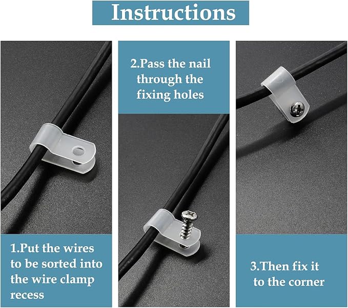 50 Pcs 1/3 Inch White Nylon R-type Cable Clip Wire Clamp | 8.4mm, Wire Management, Stainless Steel Screws Included