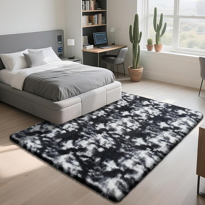 yongyangjuxin Fluffy Rug Shag Area Rug, Mottling Black 8x10 Area Rugs for Living Room, Large Shag Area Rugs for Bedroom Room Home Decor, Upgrade Anti-Skid Rectangular Fuzzy Rugs