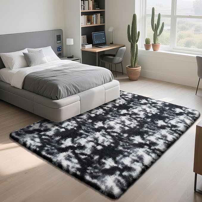 yongyangjuxin Fluffy Rug Shag Area Rug, Mottling Black 9x12 Area Rugs for Living Room, Large Shag Area Rugs for Bedroom Room Home Decor, Upgrade Anti-Skid Rectangular Fuzzy Rugs