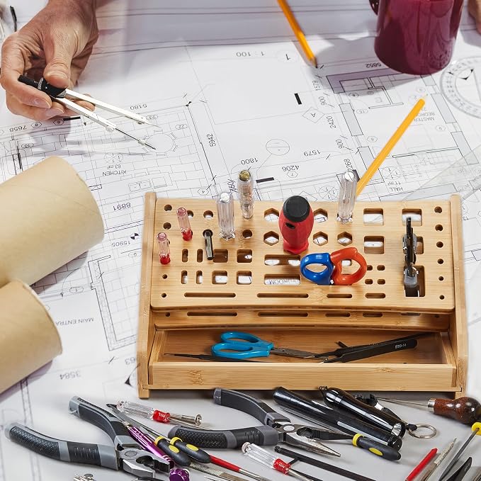 Bamboo Screwdriver Organizer Rack Desktop Hand Tool Stand and Repair Tool Storage Holder