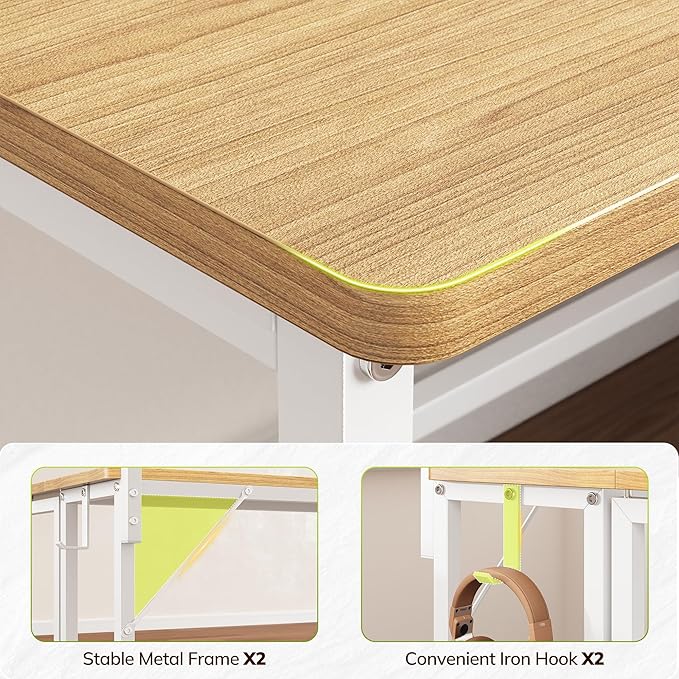 Folding Desk,Foldable Computer Desk with Monitor Stand,39.4 Inch Gaming Desk with LED Lights & Hooks,Space Saving Sofa Table for Couch,Home Office Desk for Bedroom Living Room,Oak