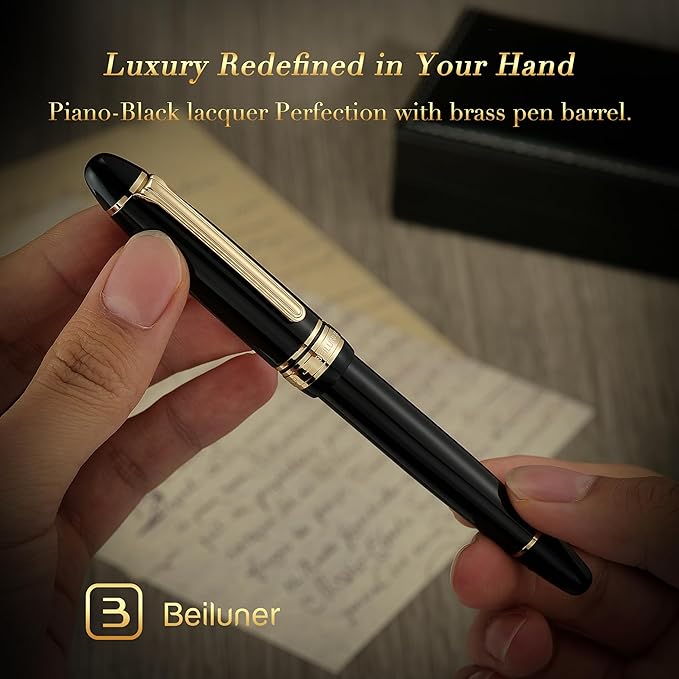 BEILUNER 319 Piano Black Lacquer Rollerball - Stunning Luxury Pen with 24K Gold, Heavy, Schneider Black Ink Refill, Best Gift Set for Men & Women, Professional, Executive Office, Fancy Classic Pens