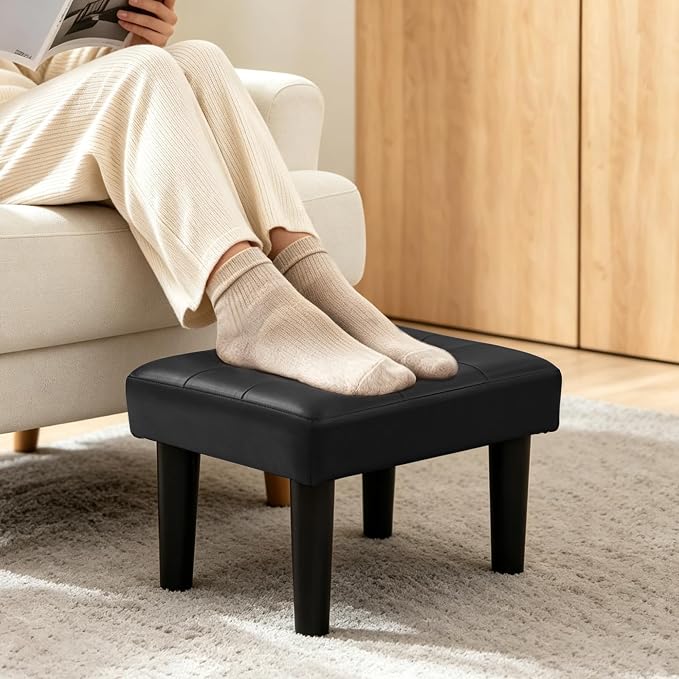 CAROLMADE Footstool Ottoman with Legs, PVC Small Foot Rest Under Desk, Ottoman with Storage for Living Room, Bedroom, Entryway Black