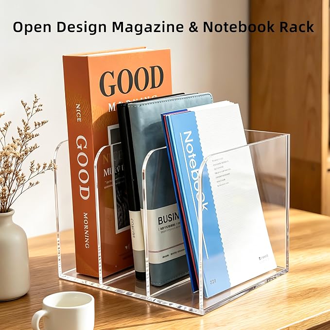 Clear Acrylic 3-Slot Magazine File Holder, Vertical Desk Organizer | 3 extra-wide compartments hold magazines, files, books, tablets. 5mm thick clear acrylic, non-slip base. No assembly.