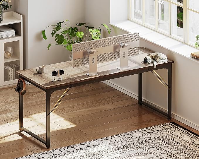 Casaottima 63 Inch Computer Desk for Home Office, Study Writing Table for Small Spaces, Simple Modern Desk with Headphone Hooks, Grey Oak