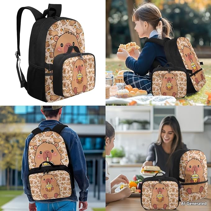 Doojoayie Kawaii Capybara School Backpack for Girls with Lunch Box Complete Set Cute Backpacks for Girls 9-10 Fashion Backpack with Multiple Compartments for Preschool Kindergarten