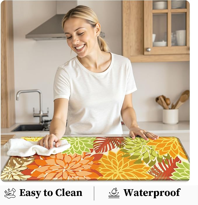 Arenarug Kitchen Mats for Floor 2PCS Cushioned Anti Fatigue Kitchen Mats Waterproof Non Slip Kitchen Rug Set Foam Standing Mat for Sink, Laundry, Office,17.3" x 28" + 17.3" x 47", Maple Orange