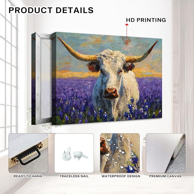 Purple Lavender Wall Art Highland Cow Wall Decor Abstract Nature Texas Longhorn Cow Canvas Picture for Kitchen Living Room Watercolor Sunset Meadow Scenery Poster Western Artwork Decoration 12x16”