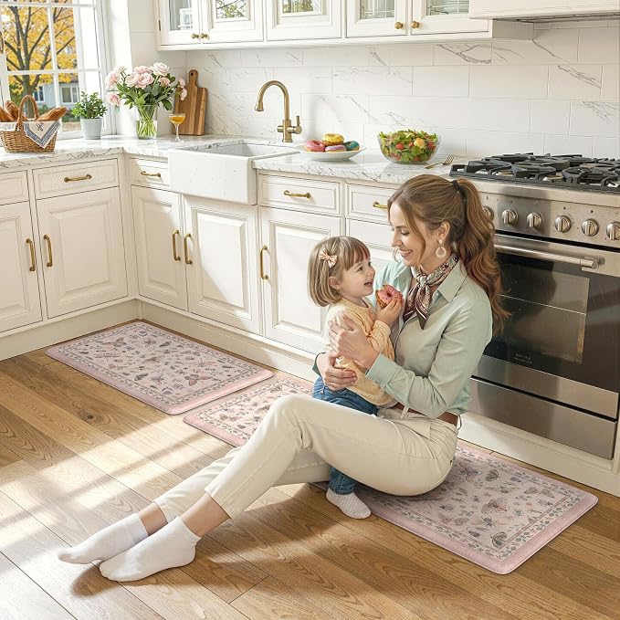 LEEVAN Anti Fatigue Mats for Kitchen Floor Non-Slip, Cushioned Kitchen Mats for Floor 2 Piece, Pink Memory Foam Kitchen Mat Set, Waterproof Ergonomic Standing Mat for Bar, Office,Desk, Laundry