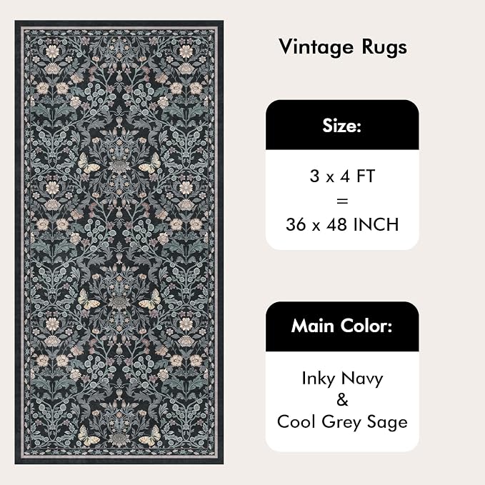 Puino Washable 3x7 Runner Rug: Soft Vintage Floral Non Slip Rubber Backing Floor Mat for Hallway Low Pile Stain Resistant Carpet for Entryway Kitchen Bedroom Bathroom Bedside Home Decor Dark Botanical