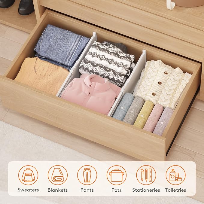 Lifewit 8" Tall 6 Pack Drawer Dividers, 13.8"-22.2" Adjustable Deep Drawer Organizer Clothes, Expandable White Plastic Separators for Dresser, Kitchen, Cabinet, Closet, Office Organization & Storage