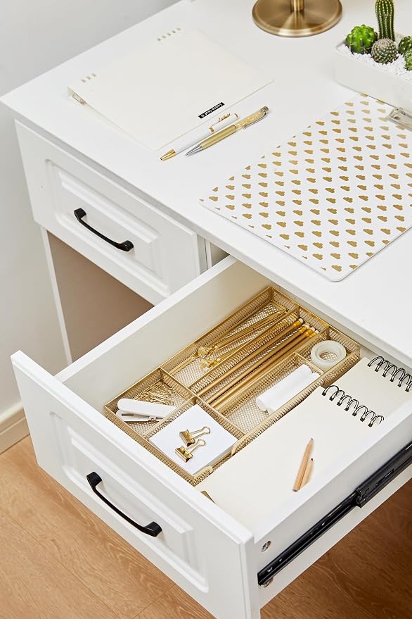 Annova Desk Drawer Organizer Tray for Office Organization - Metal Mesh - Storage Tray with Dividers for Pens, Desktop Accessories, Bathroom, Kitchen, Makeup and Office Supplies (Small, Gold)