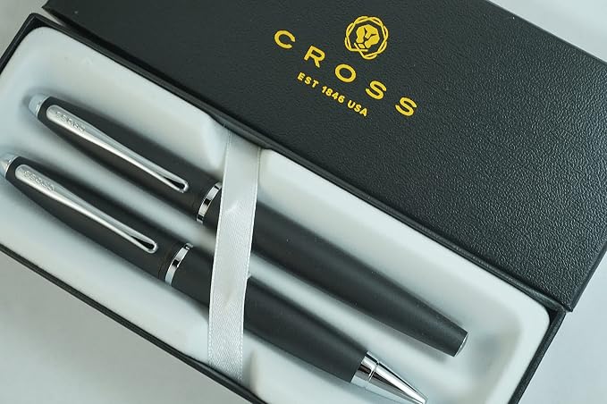 A.T. Cross Cross Matte Black Selectip Gel Ink Medium Point Calais Rollerball Pen and Ballpoint Pen Luxury gift Set