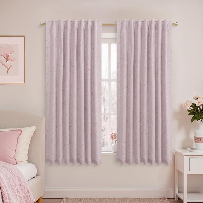 KOUFALL Short Pink Linen Blackout Curtains for Bedroom Black Out 54 Inch Long Cottage Core Romantic French Vintage Coquette Curtains for Girls Room 2 Panels