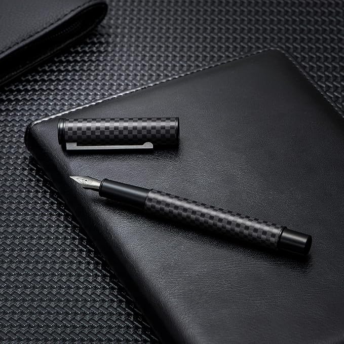 Hongdian Black Carbon Fiber Fountain Pen Extra Fine Nib Elegant Design Smooth Writer with Refillable Converter and Metal Pen Case Set