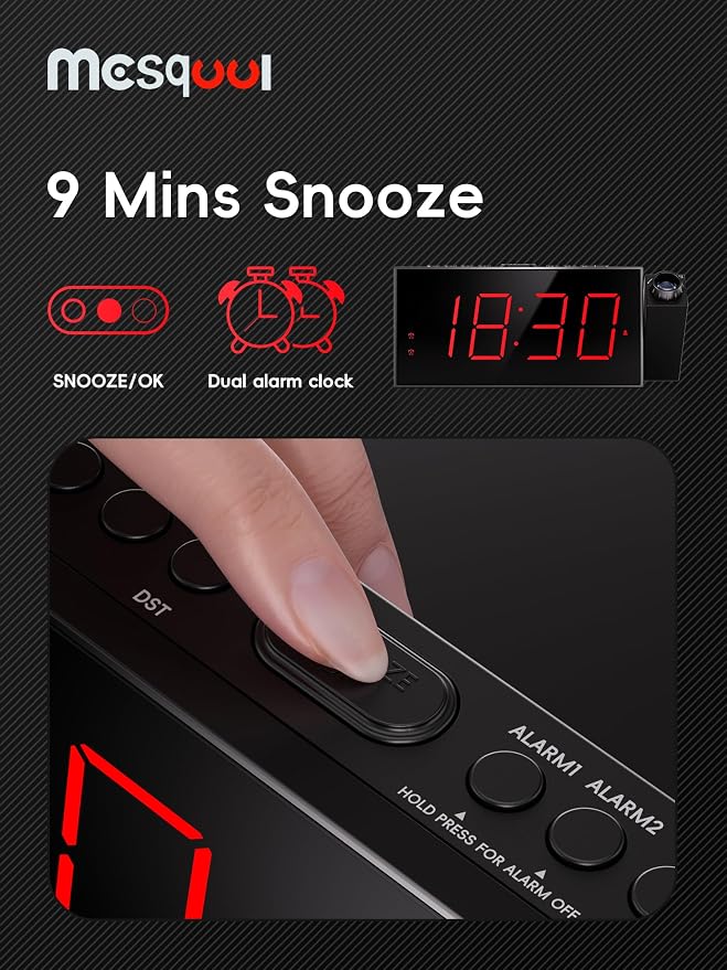 Mesqool Projection Alarm Clock with Loud Bed Shaker, Dual Alarms | 5-level Dimmer, USB charger, Snooze & DST, Loud Vibrating Alarm with Battery Backup, Perfect for Heavy Sleepers