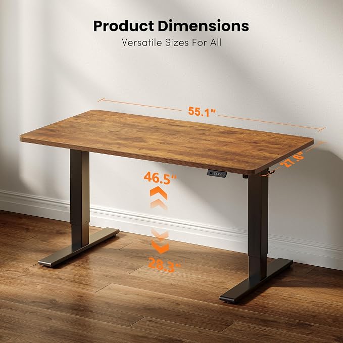 CubiCubi One-Piece Standing Desk, 55 x 28 Electric Height Adjustable Computer Desk, Sit Stand up Home Office Workstations with Whole-Piece Desktop, Rustic Brown