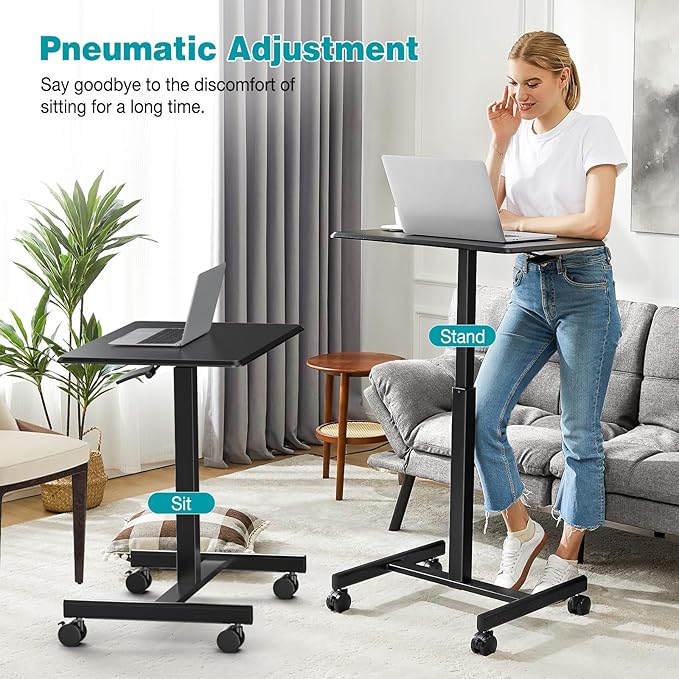 DUMOS Small Standing Desk Mobile Portable Rolling Laptop PC Table on Wheels Adjustable Height Computer Workstation for Home Office, Space Saving Desk for Bedroom Study Use, 19 Inch, Black