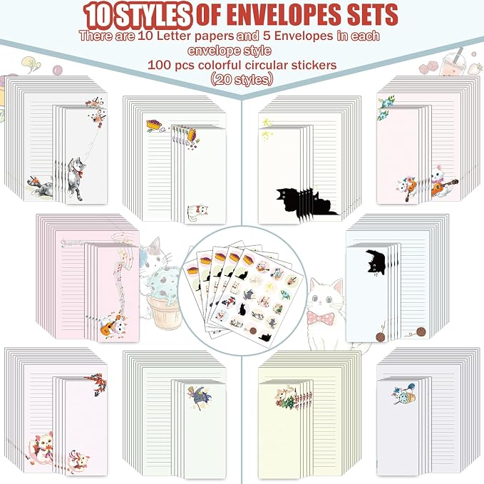 250Pcs Cute Stationery Paper and Envelope Set with 100 Letterhead Papers and 50 Envelopes, 10 Design for Letter Writing Invitations Computer Holidays Party Notes, 8.5x11 Inch- Lined Cat